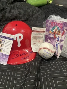 PETE ROSE SIGNED REDS helmet and MLB BASEBALL W/ SORRY I BET ON BASEBALL JSA - Picture 1 of 5
