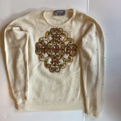 Suéter De Colección Marisa Christina Invierno Blanco Lana/Angora Grande Dorado y Rojo Cuentas Foto 1 de 4
