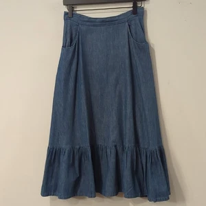 Vintage Denim Midi Skirt A-Line Tiered size 11 Pockets American Bottoms - Picture 1 of 11