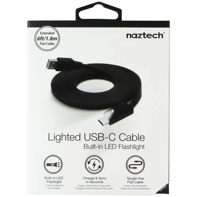 naztech (6ft/1.8m) Lighted USB-C Flat Cable with Built-in LED Flashlight - Black - Image 1 of 3