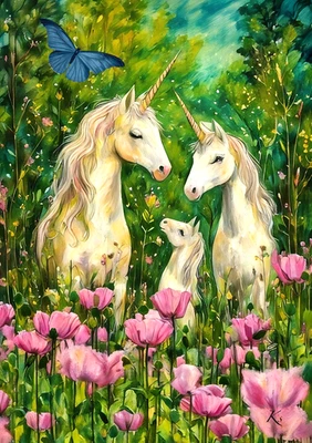ACEO Art Print – Unicorn Family  Forest Scene, Artist Trading Card 2.5x3.5 ATC - Image 1 of 3