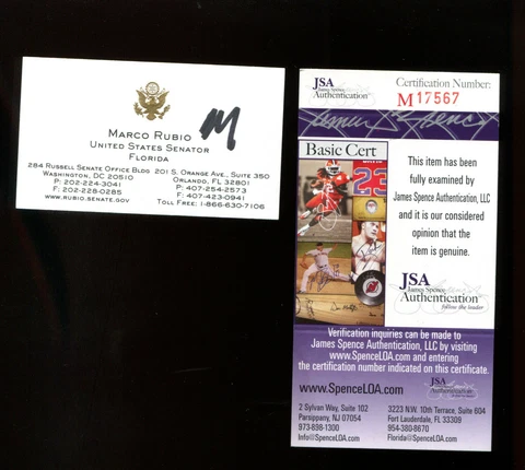 Marco Rubio signed auto business card JSA Cover
