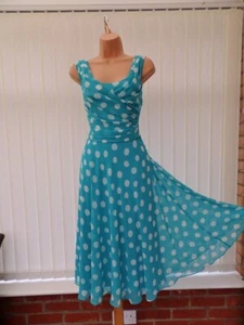 JACQUES VERT SHEER TURQUOISE CHIFFON 50'S MIDI COCKTAIL DRESS 10/12 £189 ONCE - Picture 1 of 16