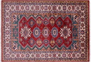 5 Fuß 6 Zoll x 7 Fuß 11 Zoll Super Kazak Geometrischer Handgeknüpfter Wollteppich - Q12837 - Bild 1 von 9