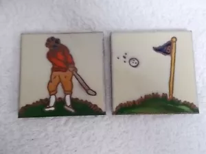 2 Cottoveneto Golfer 18th Hole 3 7/8" Square Ceramic Tiles Trivets Made in Italy - Picture 1 of 6
