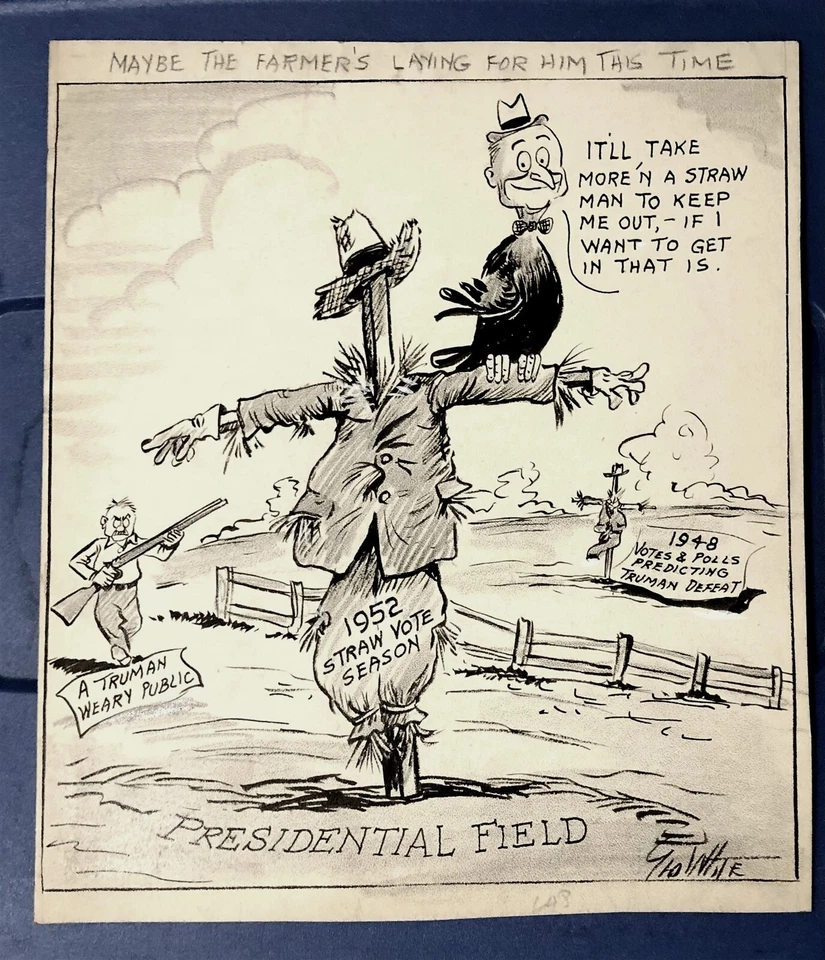 OBRA DE ARTE ORIGINAL GEORGE WHITE CARICATURA EDITORIAL 1952 ELECCIÓN TRUMAN Y ESPANTAPÁJAROS Foto 1 de 1