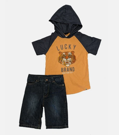 Conjunto de 2 camisetas/pantalones cortos de mezclilla con capucha para niños Lucky Brand Tiger (AZUL NARANJA 2T) NUEVO CON ETIQUETAS Foto 1 de 1