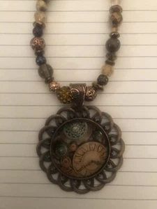 Vintage Bronze Scallop Filigree Pendant Topaz Crystal Jasper Hematite Necklace - Picture 1 of 3