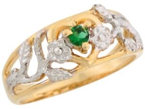 10k or 14k Two Tone Gold Simulated Emerald in Heart Unique Design Ladies Ring