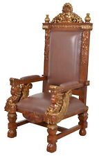 Hand Carved Mahogany Royal Griffin Leather Throne Chair Vintage Finish w Gold
