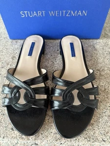 New Stuart Weitzman Black Leather Slip on Flat Strappy Sandals Size 10 M - Picture 1 of 7
