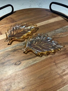 1960's Vintage Iridescent Marigold Carnival Glass Leaf Shaped  Trinket Dishes - Picture 1 of 5