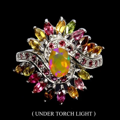 925 Sterling Silver Ring Oval Fire Opal Rhodolite Tourmaline Gemstone Jewelry 9 - Image 1 of 4