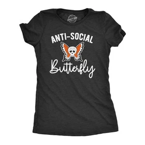 Womens Anti-Social Butterfly T Shirt Funny Introvert Skull Tee - Picture 1 of 7