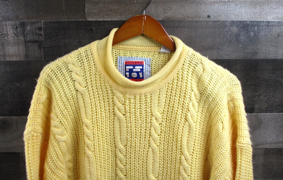 Vintage Gitano Sweater Mens XL Yellow Cable Knit Roll Neck Acrylic Fisherman 90s - Image 1 of 4