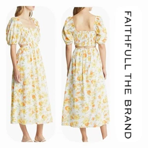 NWT Faithfull the Brand Loucetta Floral Print Midi Dress Sz. 12 White Yellow - Picture 1 of 15