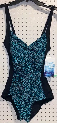 Nuevo con etiquetas Traje de baño Gabar Twisted Bra verde azulado negro diseño geométrico 1 pieza tallas 8 Foto 1 de 4