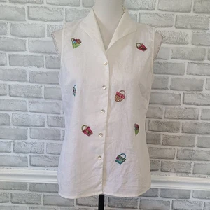 Blusa Top Richard Malcom Irlandesa de Lino Sin Mangas Bordada Cestas Costeras Med - Imagen 1 de 7