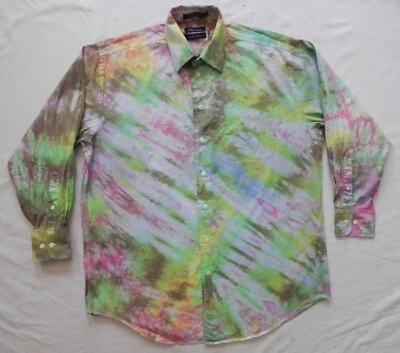 Tie Dye Green Pink Black Long Sleeve Button Down Shirt - Large Mens Hand Made 16 - Image 1 of 4