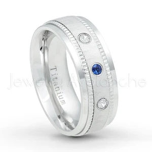 Dome Titanium Ring 0.15ctw Blue Sapphire and White Diamond 3-Stone TM548 - Picture 1 of 1
