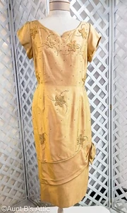 Vtg 50's-60's Gold Silk Sheath Style Dress W/ Floral Applique & Jewels VTG 14 - Picture 1 of 11