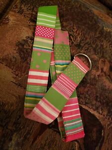 Ladies Sz 36 Canvas Belt Pink/Lime Green multi  -PREPPY PINK PONY- Polka /Stripe