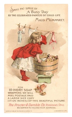 c1896 Ivory Soap Procter Gamble Trade Card Maud Humphrey Artist Red Girl Laundry - Image 1 of 2