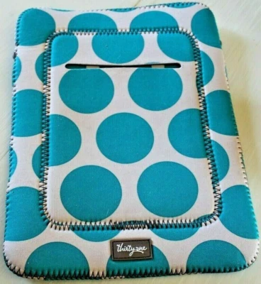 Thirty-One Tote-A-Tablet Sleeve Case Retro Metro Polka-Dot Teal Tan Neoprene New - Image 1 of 2