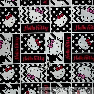 BonEful Fabric FQ Cotton Quilt Pink White Black HELLO KITTY Girl Polka Dot Block - Image 1 of 4