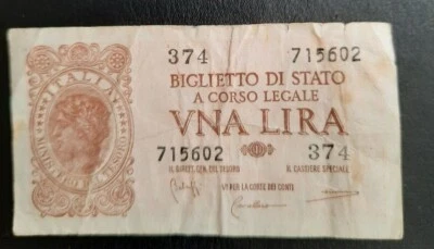 Billete de Italia Segunda Guerra Mundial noviembre 1944, 1 lira lira VNA, 374 715602, CARTA.VALORI Foto 1 de 2