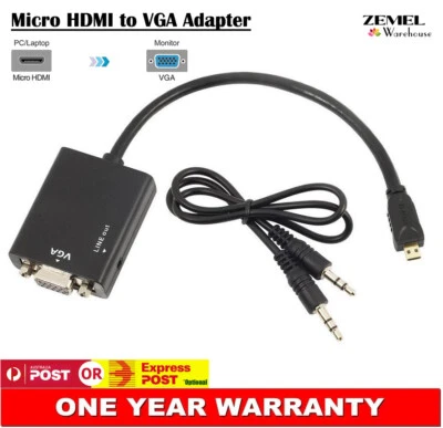 Micro HDMI Male to VGA Video Converter Adapter Cable 1080P HD + Audio AUX Black - Image 1 of 4