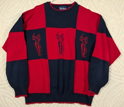 VTG Par Four Mens Sz L Golf Sweater Color Block Embroidered Checkerboard Pattern - Image 1 of 4