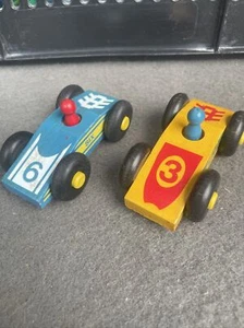 2 Montgomery Wood 4 Inch Race Cars, Yellow one & Blue one - Picture 1 of 9