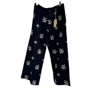 Elie Tahari Size 8 Linen Embroidered Trousers Pants Wide Leg Navy Tropical Fern - Picture 1 of 8