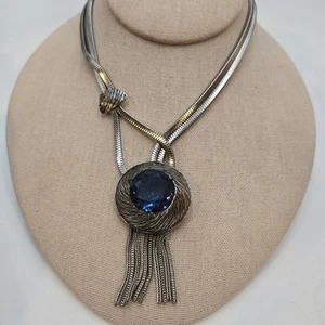 Vintage 60s Necklace Chain Tassel Blue Glass Prong Set Rhinestone Long Or Choker - Picture 1 of 6
