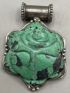 Vintage Sterling Silver 925 Carved Turquoise Pendant Bali Rose Flower (27.14g) - Imagen 1 de 8