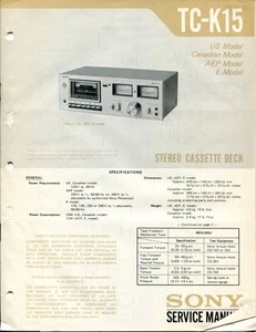 Sony TC-K15 Stereo Cassette Deck Service Manual - Picture 1 of 2