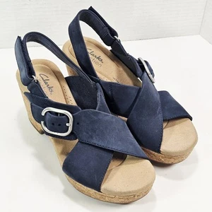 Clarks Giselle Dove Cork Wedge Sandals Navy Blue Womens Size 7.0 M - Picture 1 of 11