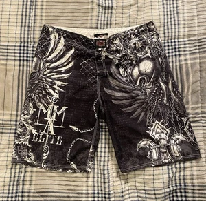 Pantaloncini corti vintage Y2K MMA Elite AOP stampa tribale teschio nero uomo taglia large - Foto 1 di 10