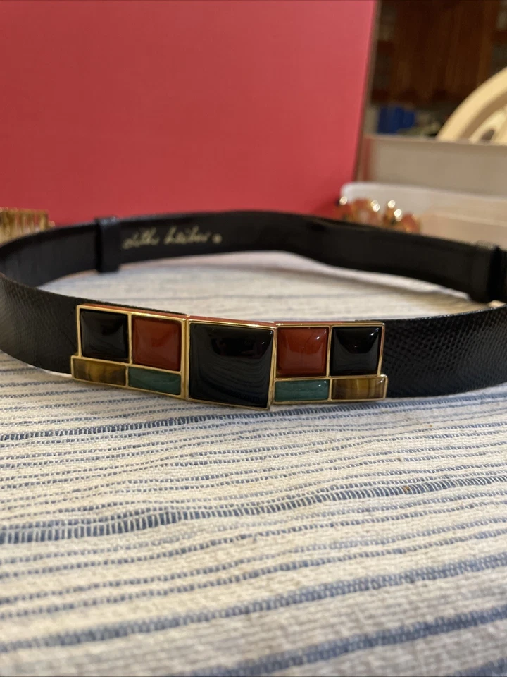 Cinturón Judith Leiber Art Deco Hebilla Geométrica Negro Dorado Cuero Karung Foto 1 de 4