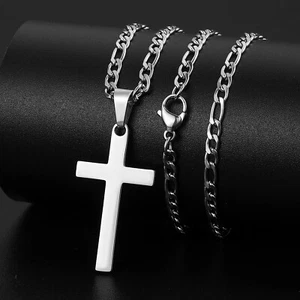 Cross Necklace for Men Women Stainless Steel Plain Pendant Figaro Chain Silver - Picture 1 of 10