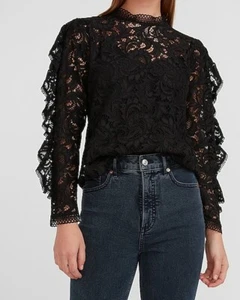 NUEVO CON ETIQUETAS Blusa Top Express de Encaje Cuello Simulado Manga Volantes Negra Talla S $98 NUEVA - Imagen 1 de 4