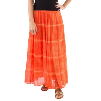Damen Maxirock mit Batik-Muster, Koralle Orange, Boho-Stil, Elastischer Bund, La - Bild 1 von 3