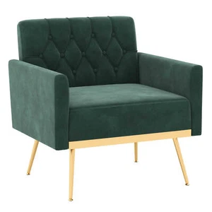 Modern Velvet Accent Chair w/ Button Tufted Back Golden Metal Legs & Foot Pads - Picture 1 of 8