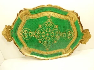 VINTAGE ITALIAN FLORENTINE GREEN GOLD HARD PLASTIC GILT SERVING TRAY MADE ITALY - Picture 1 of 7