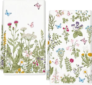 Spring Wildflower Butterfly Kitchen Towel Green Wild Floral Dish Towel 18 x 28  - Picture 1 of 11