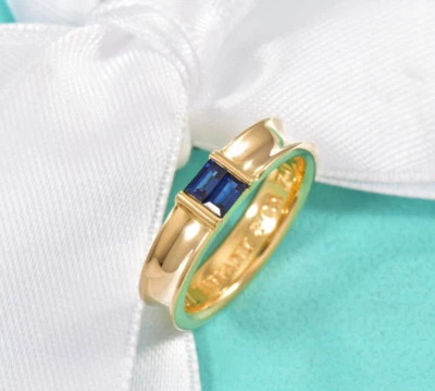 Anillo y bolsa Tiffany & Co oro amarillo 18k zafiro azul baguette pila ancha raro Foto 1 de 4