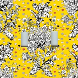 BLACK WHITE PAISLEY ON YELLOW Light Switch Plate Cover FLORAL HOME DECOR  - Picture 1 of 26