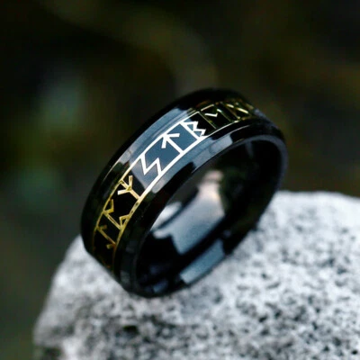 Vintage Black with Gold Viking Runes Ring Titanium Men Women Retro Wedding Bands - Image 1 of 2