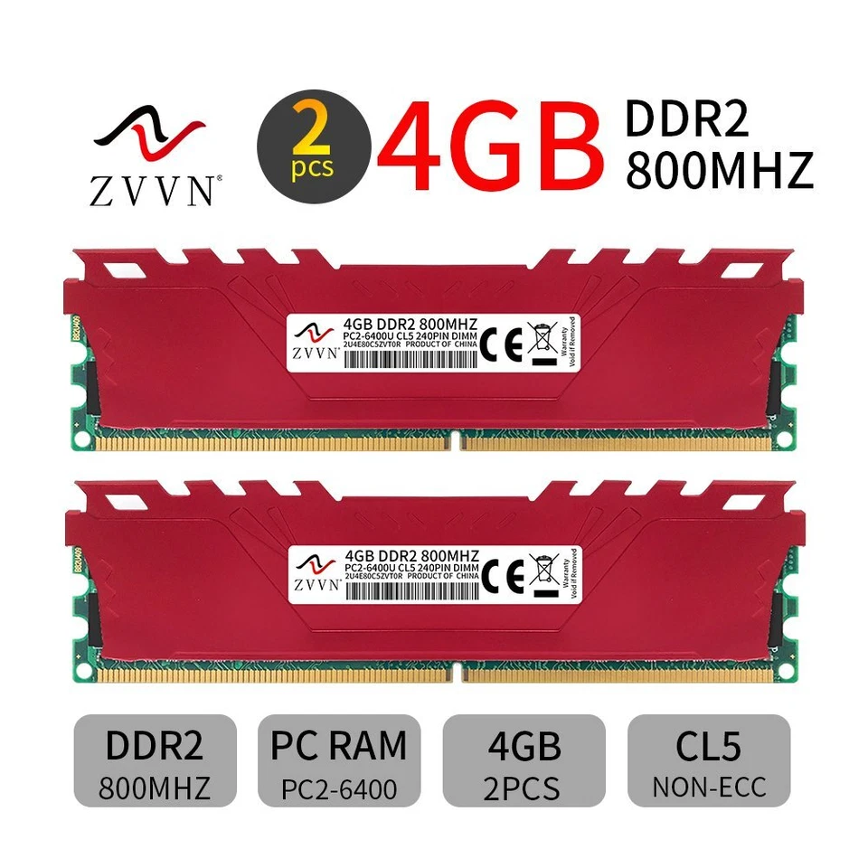 ZVVN 8GB 2x 4GB DDR2 800MHz PC2-6400U CL5 intel Desktop PC Gaming Memory RAM Red - Image 1 of 4